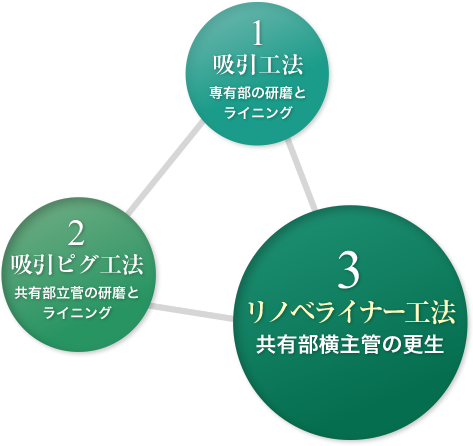 1吸引工法 専有部の研磨とライニング　2吸引ピグ工法 共用部立管の研磨とライニング　3リノベライナー工法 共用部横主管の更生